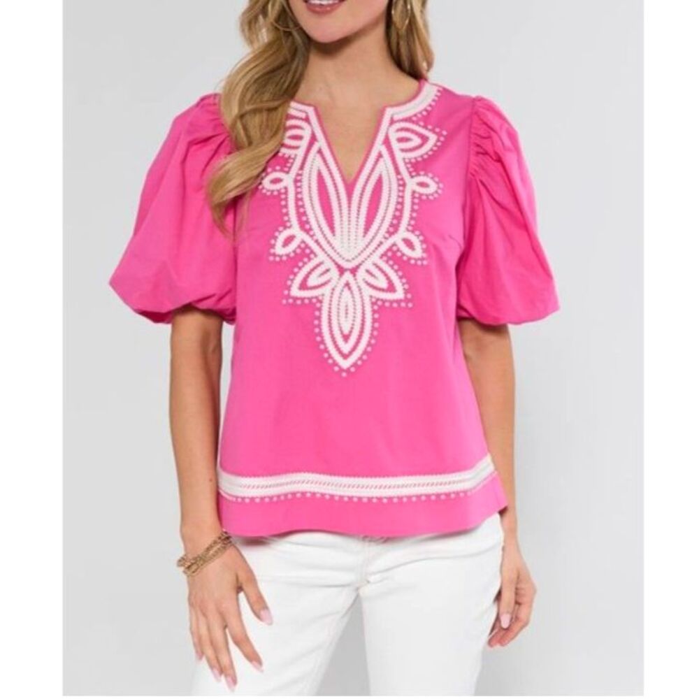 Avara Roxanne Pink Embroidered Puff Sleeve Top Womens Sz L Boho Coastal